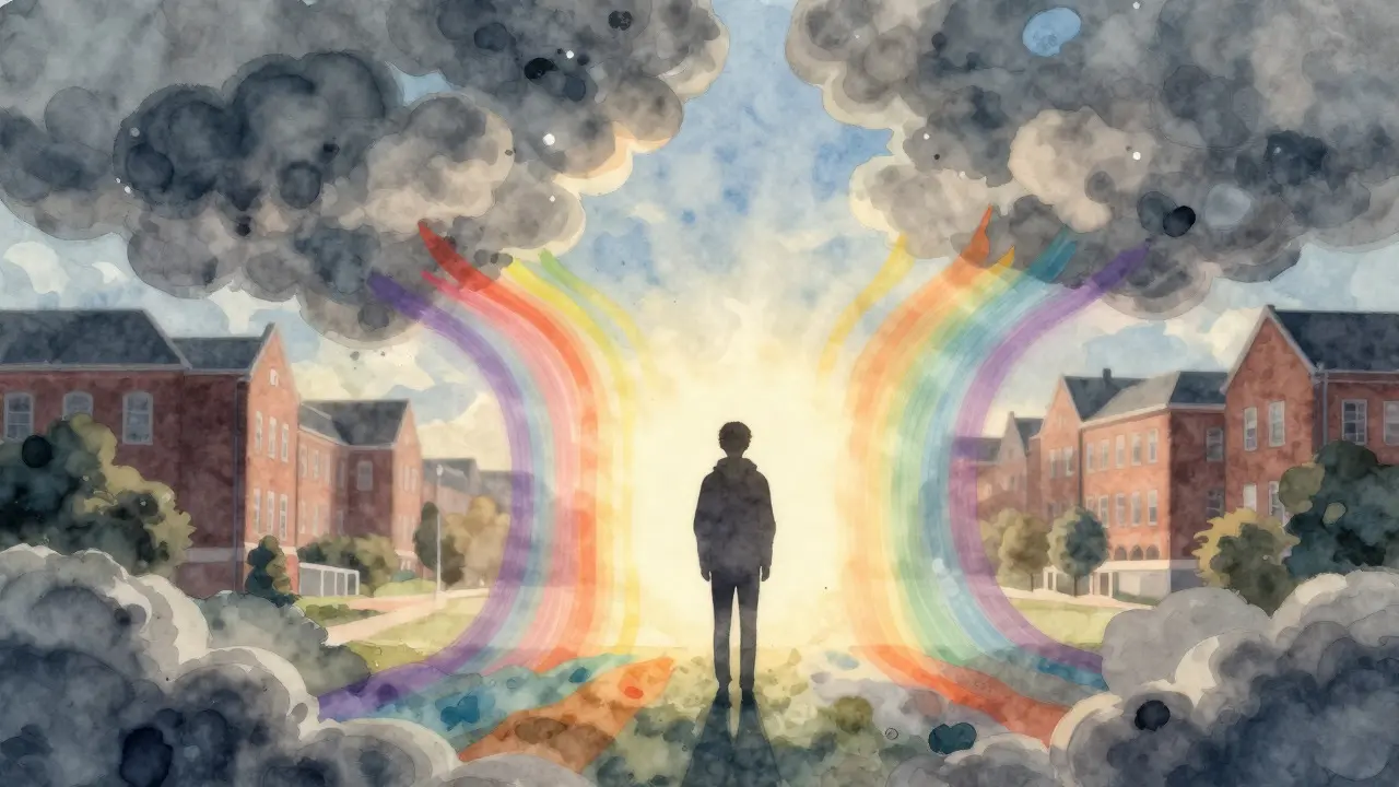 Watercolor art showing colorful light dissolving dark clouds around a student