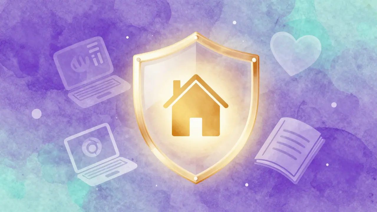 Watercolor illustration of a glowing shield protecting a house and study items
