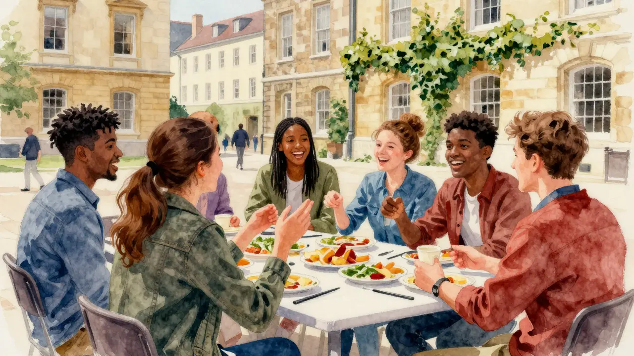 Watercolor of international students socializing in a university courtyard