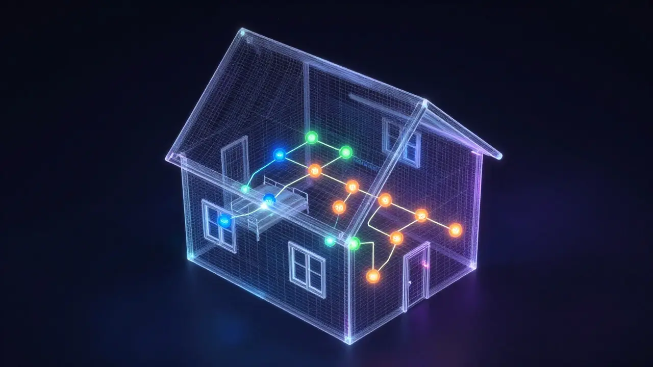 Wireframe house map with glowing colored nodes connected by luminous paths