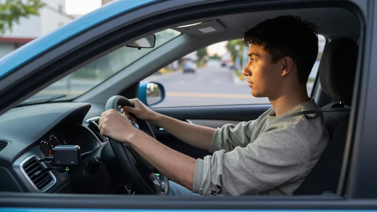Young driver with a black box device installed in their car