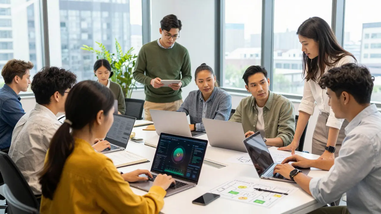 Young professionals collaborating in a bright, modern office environment