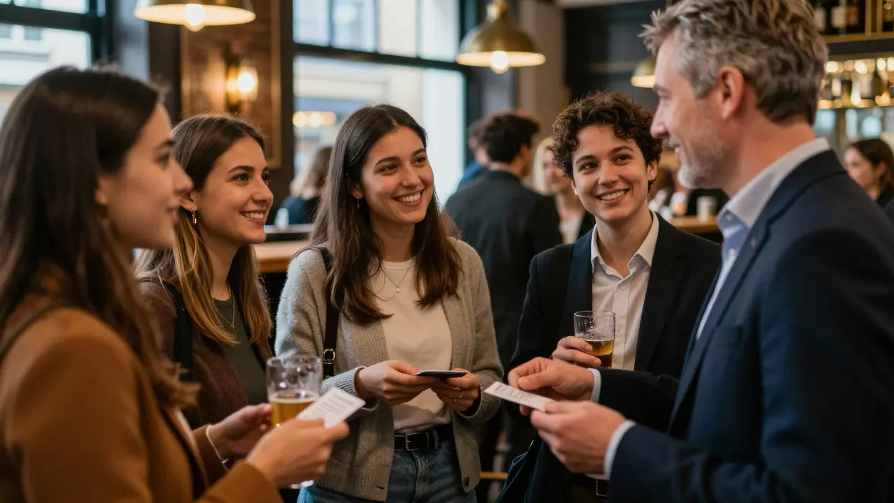 Young professionals networking and exchanging business cards at a social event