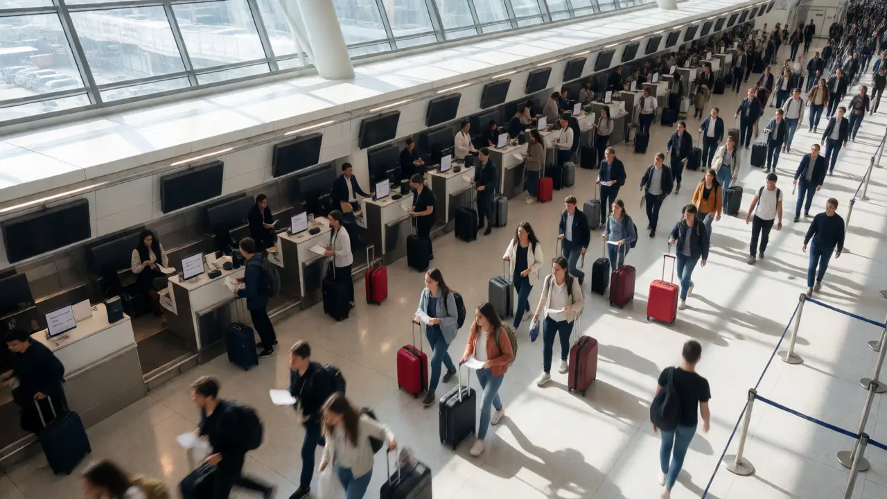 Young travelers rushing through a busy London airport terminal