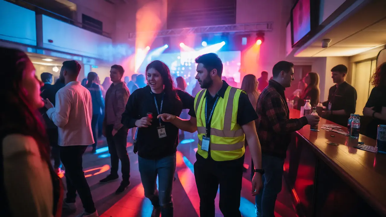A welfare officer assists a student during a busy UK student society social event.