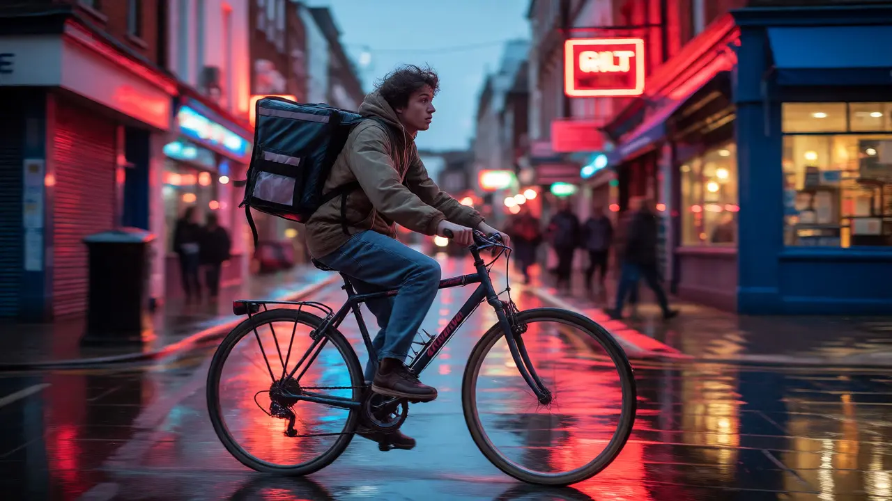 Bicycle courier riding through rainy UK streets at night representing flexible gig economy work.