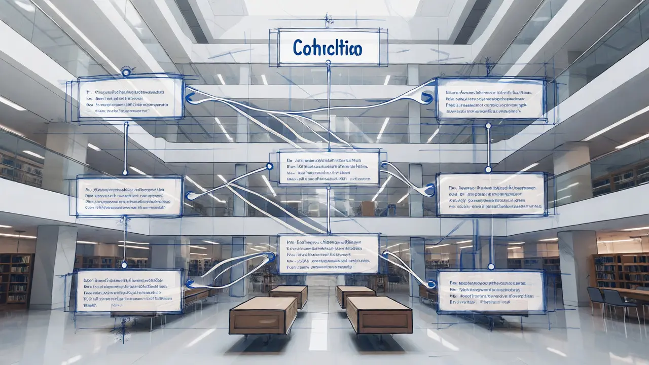 Blueprint overlay of a library representing structured essay flow