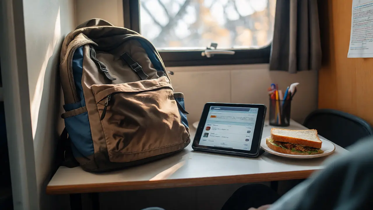 Budget backpack and tablet on a desk in a realistic student room
