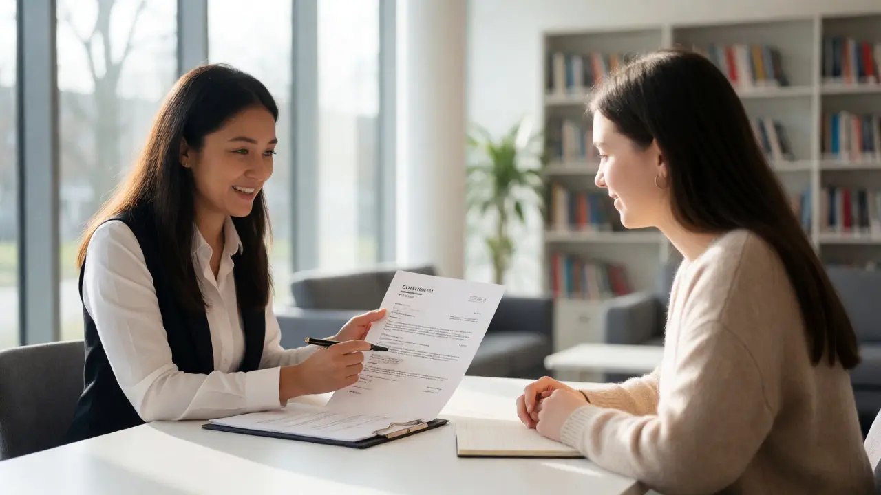 Career advisor reviewing CV with student in office