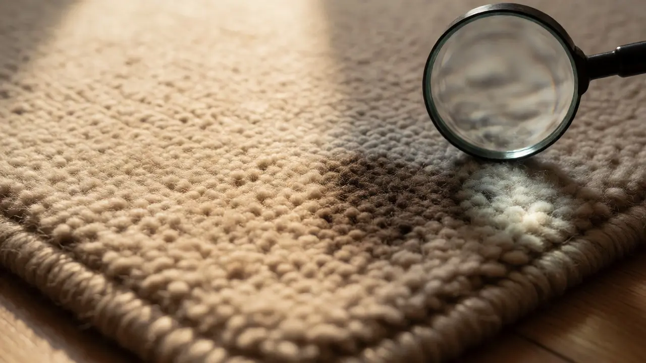 Close-up comparing worn carpet fibers against a specific stain