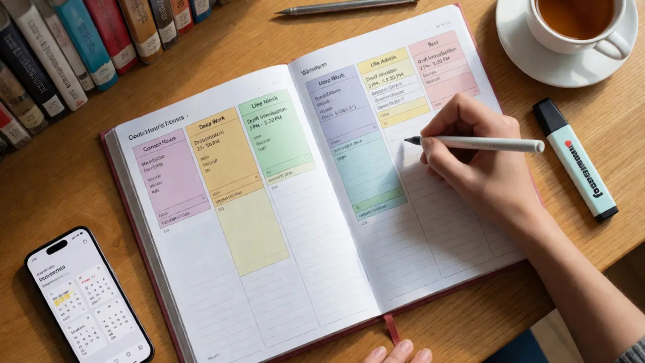 Color-coded weekly planner with time blocks on a library table