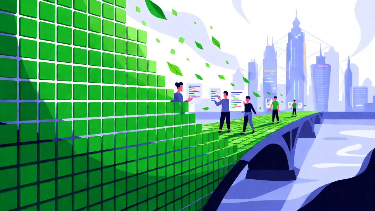 Conceptual art of a green GitHub contribution graph forming a bridge to a city skyline.