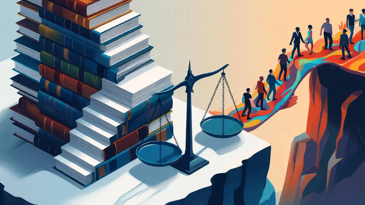Conceptual art showing a balance scale between heavy academic books and a bridge of diverse students.