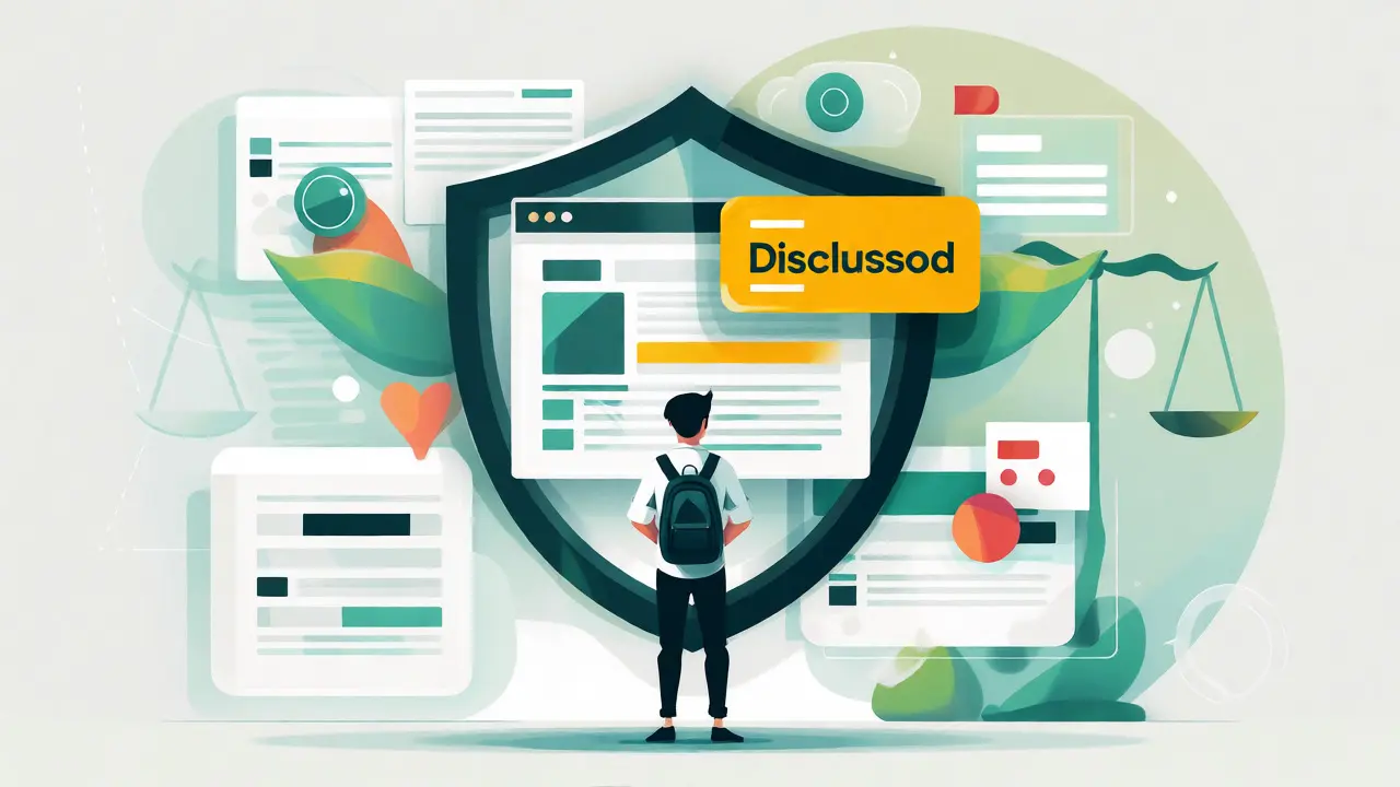 Conceptual art showing a student blogger ensuring transparent disclosure on a blog post.