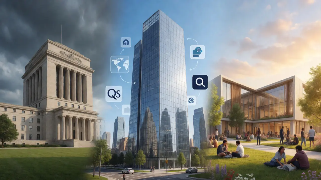 Conceptual art showing three different university ranking philosophies