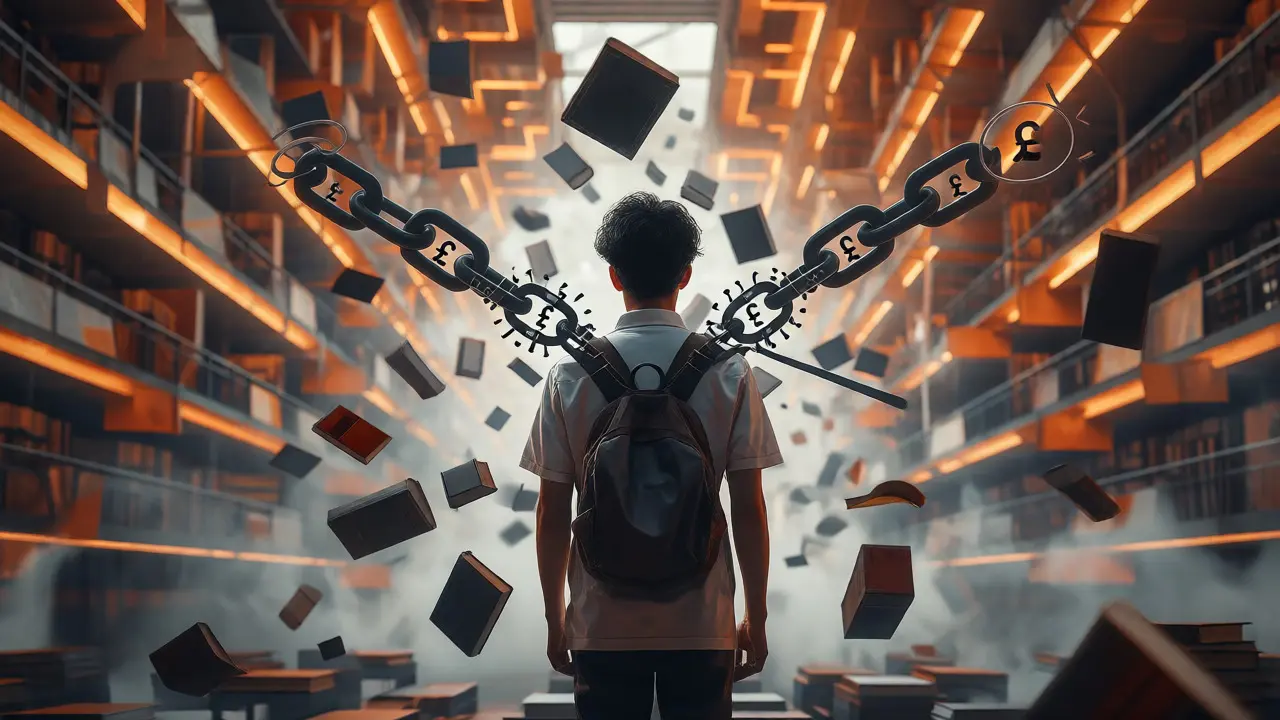 Conceptual image of a student burdened by academic and financial pressure.