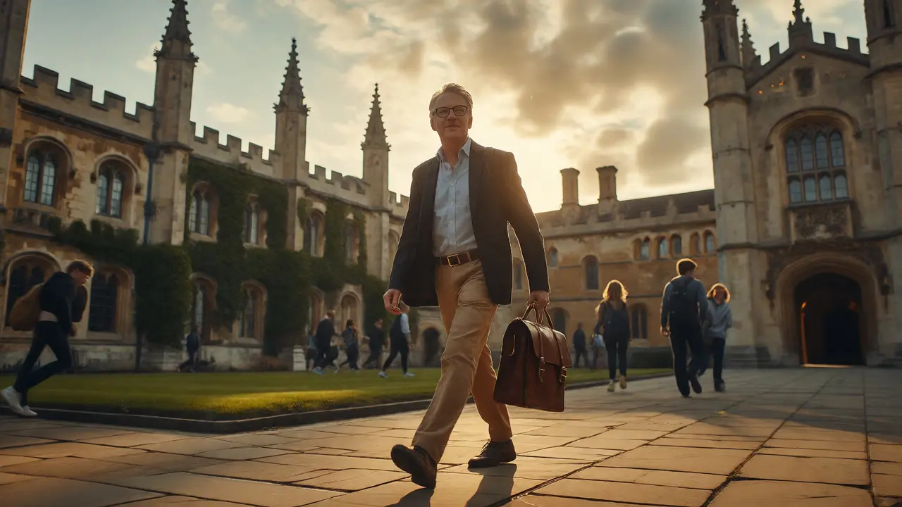 Confident mature student walking across a historic UK university campus