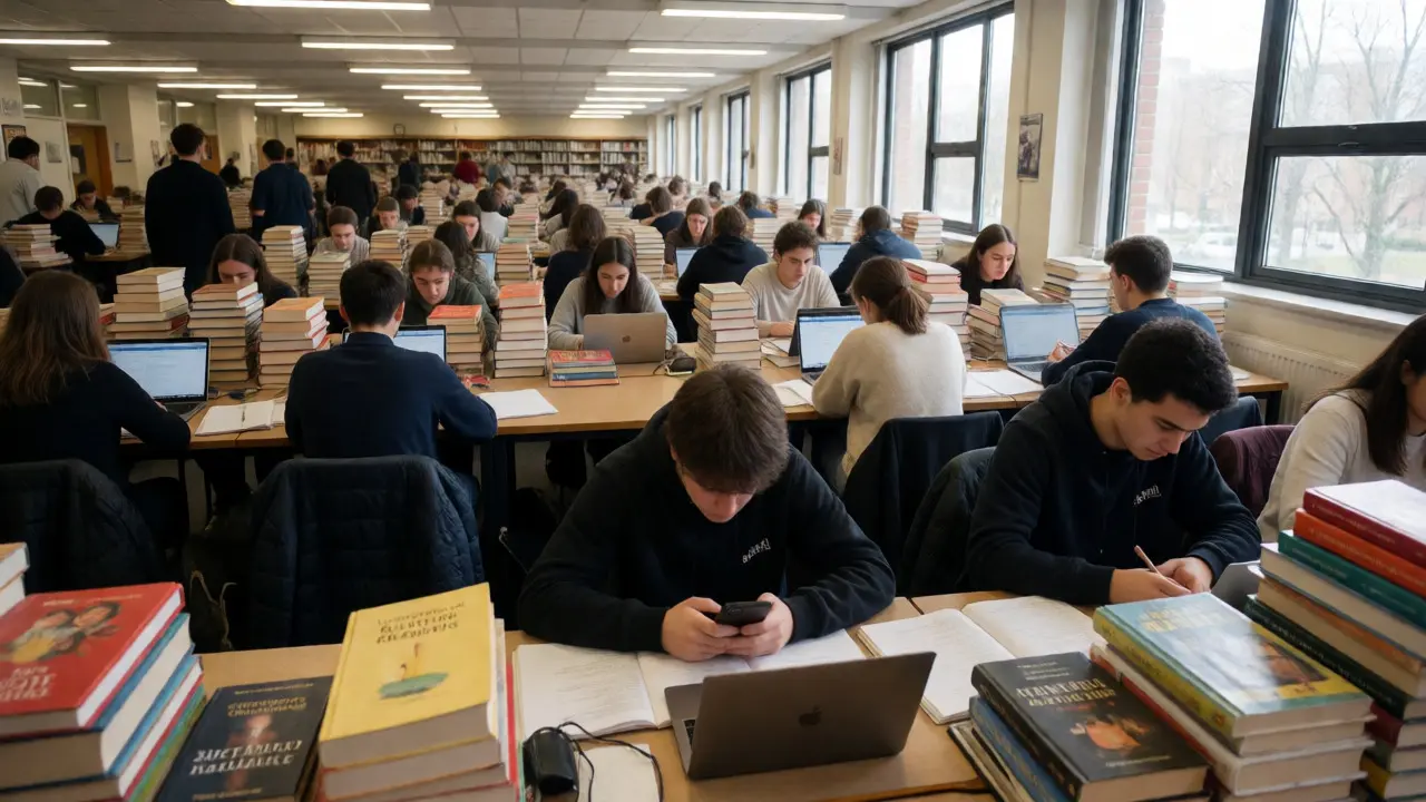 Crowded university library with stressed students studying during exam season.