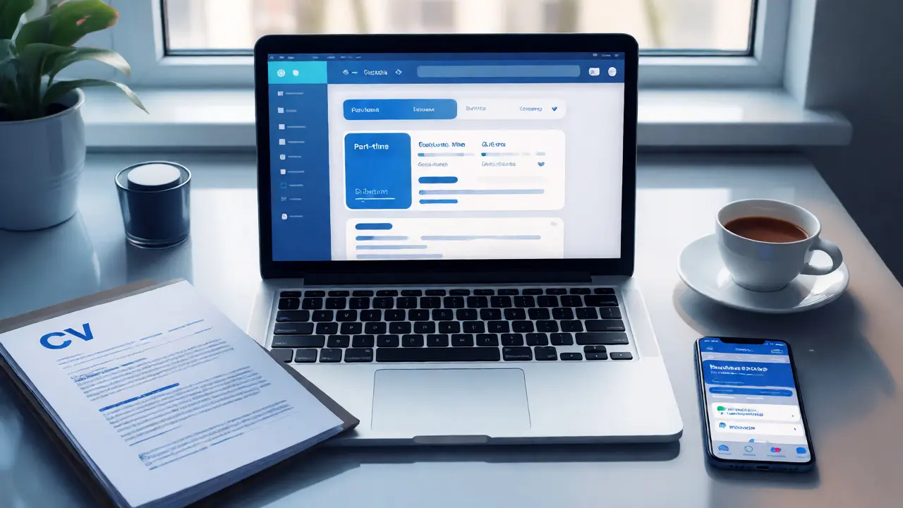Desk setup with laptop and phone displaying job search apps