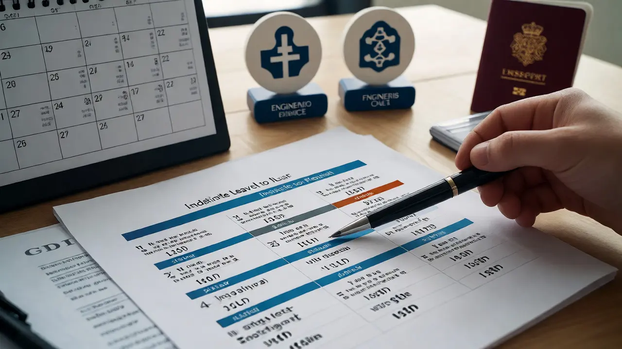Desk with visa documents and ILR timeline planning