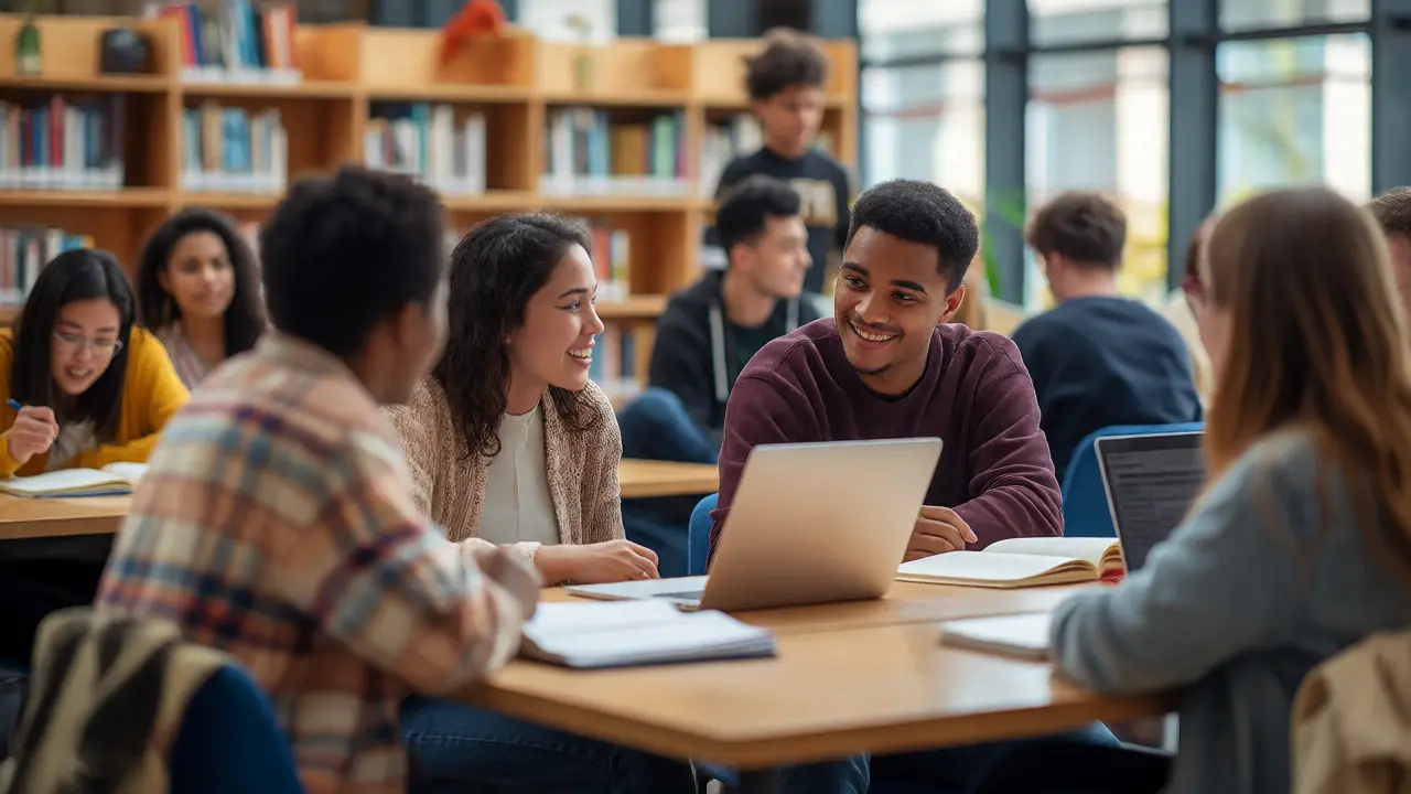 Diverse group of students collaborating warmly in a bright, modern university library setting.