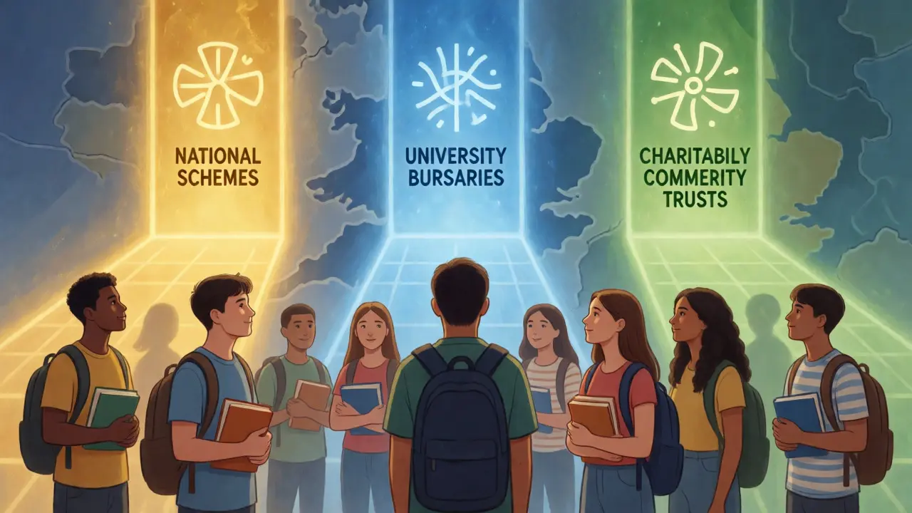 Diverse students choosing between different UK funding paths