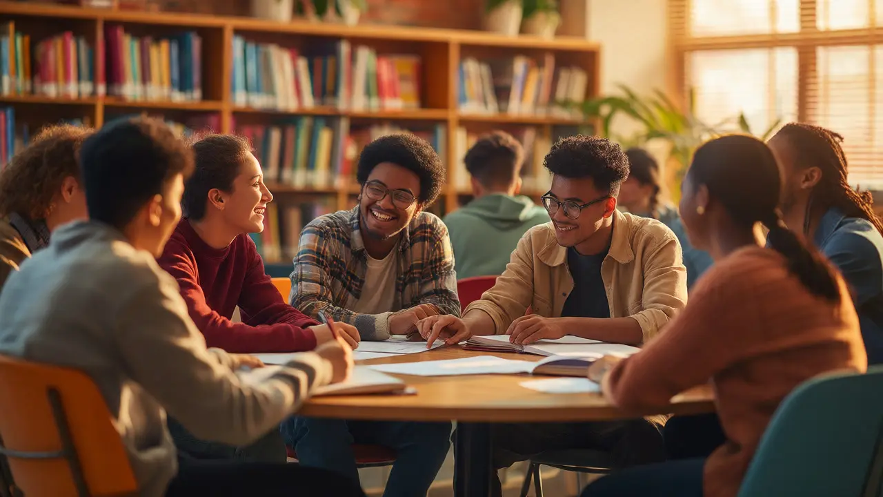 Diverse students collaborating in library lounge