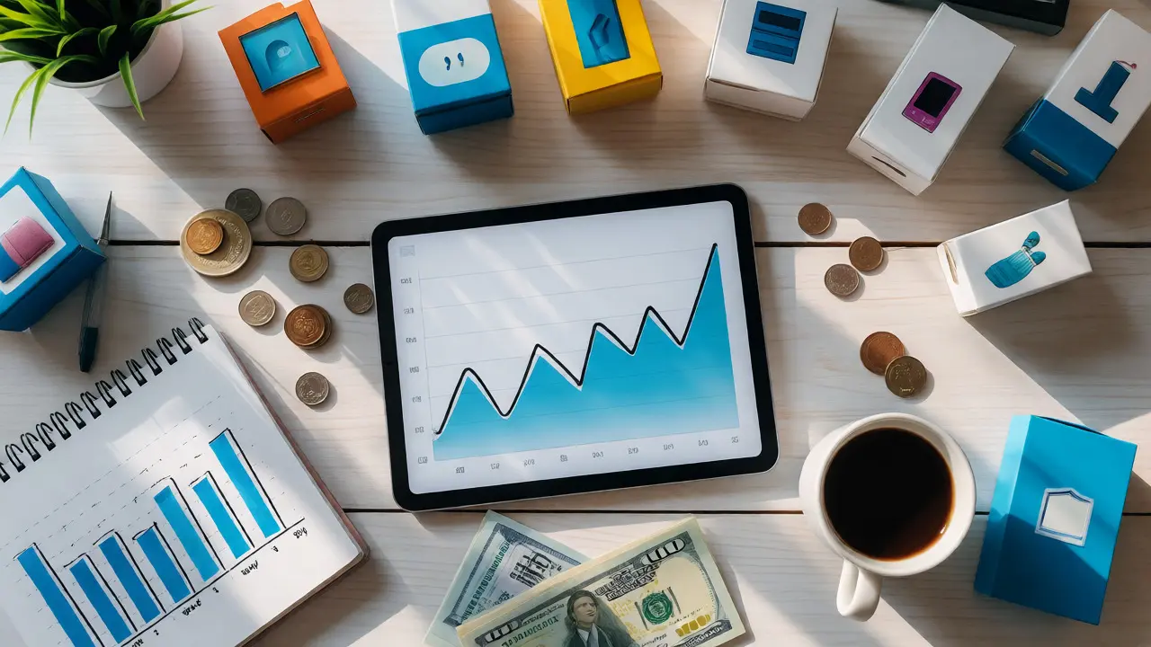 Flat lay of desk items including a tablet, money, and products symbolizing affiliate earnings.