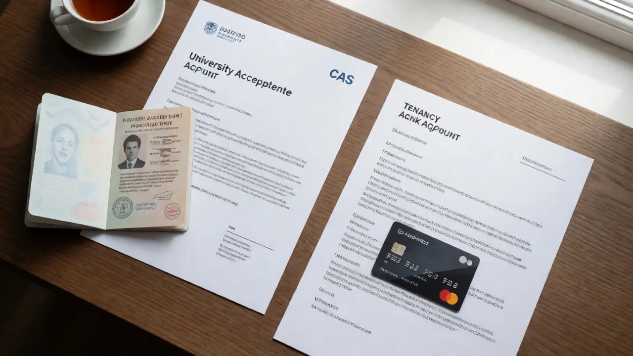 Flat lay of passport, university letter, and bank card on wooden desk