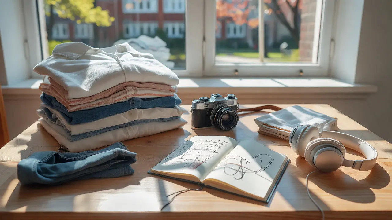 Flat lay of vintage clothes, camera, and notes on a sunny table symbolizing reselling and freelancing.
