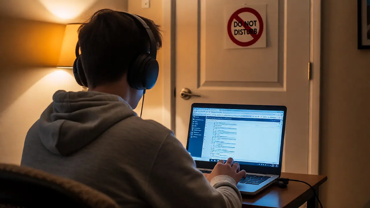 Focused student working on laptop with headphones during exam period