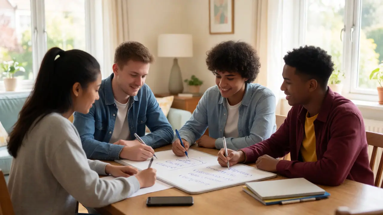 Four diverse students happily collaborating on house rules around a bright dining table.