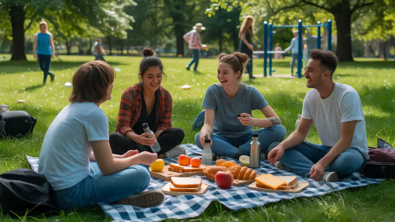 Friends enjoying a budget picnic in a UK city park