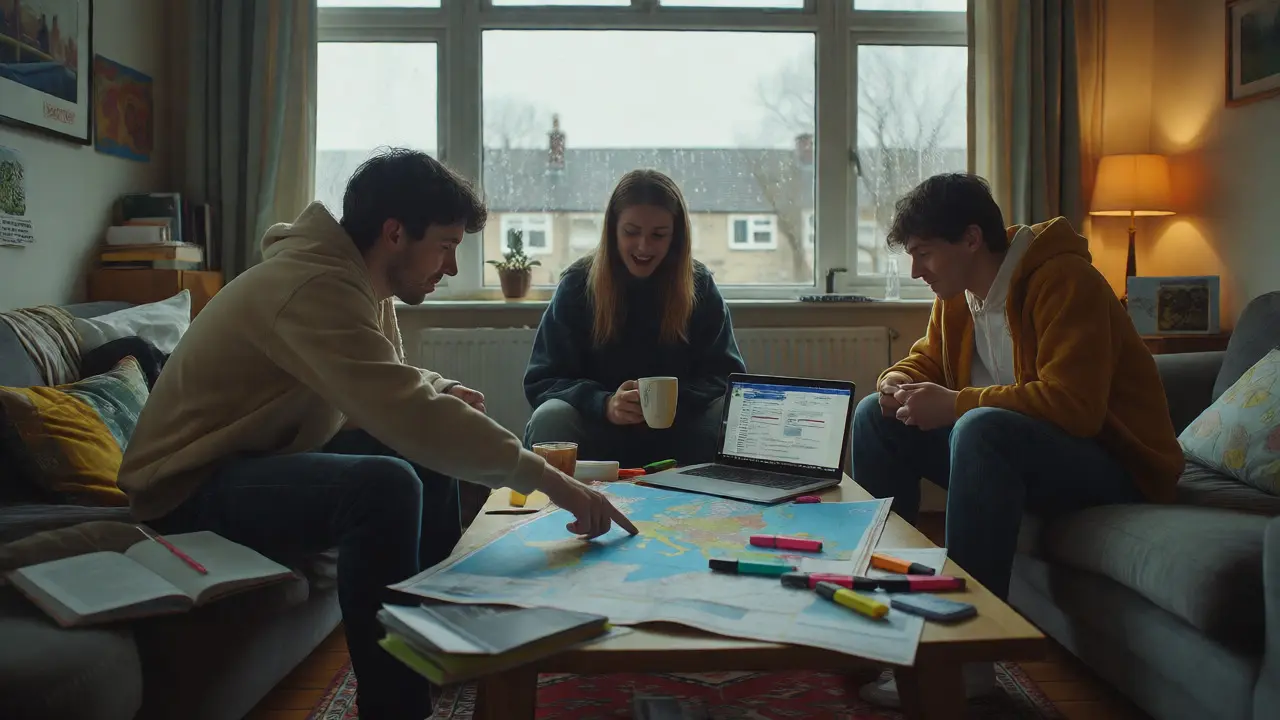 Friends planning an Easter trip with maps and laptops in a student flat