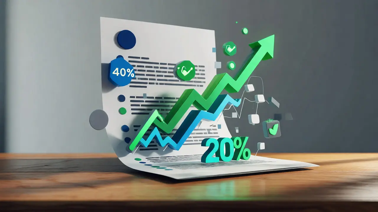Glowing data charts and percentages emerging from a resume to show results.