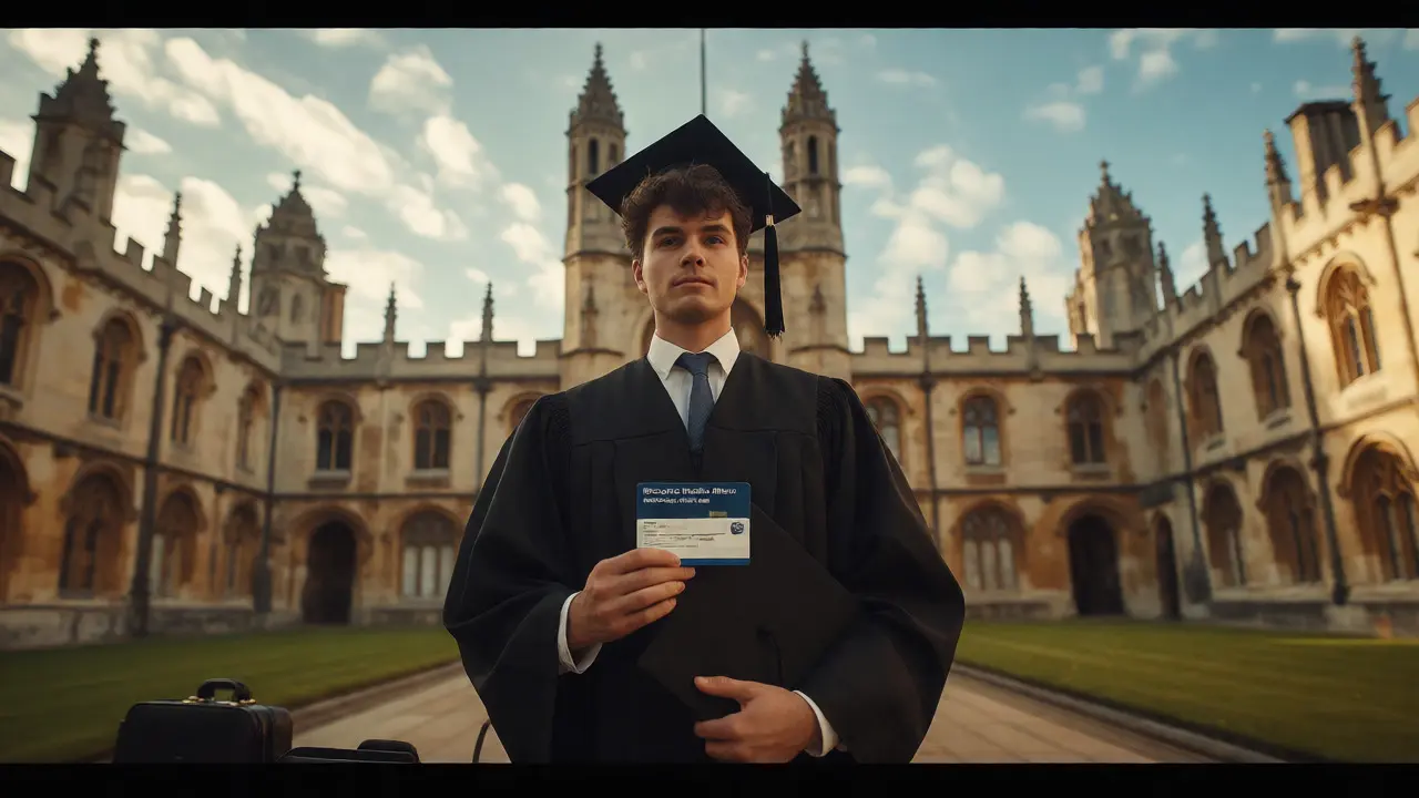 Graduate holding residence permit outside university building