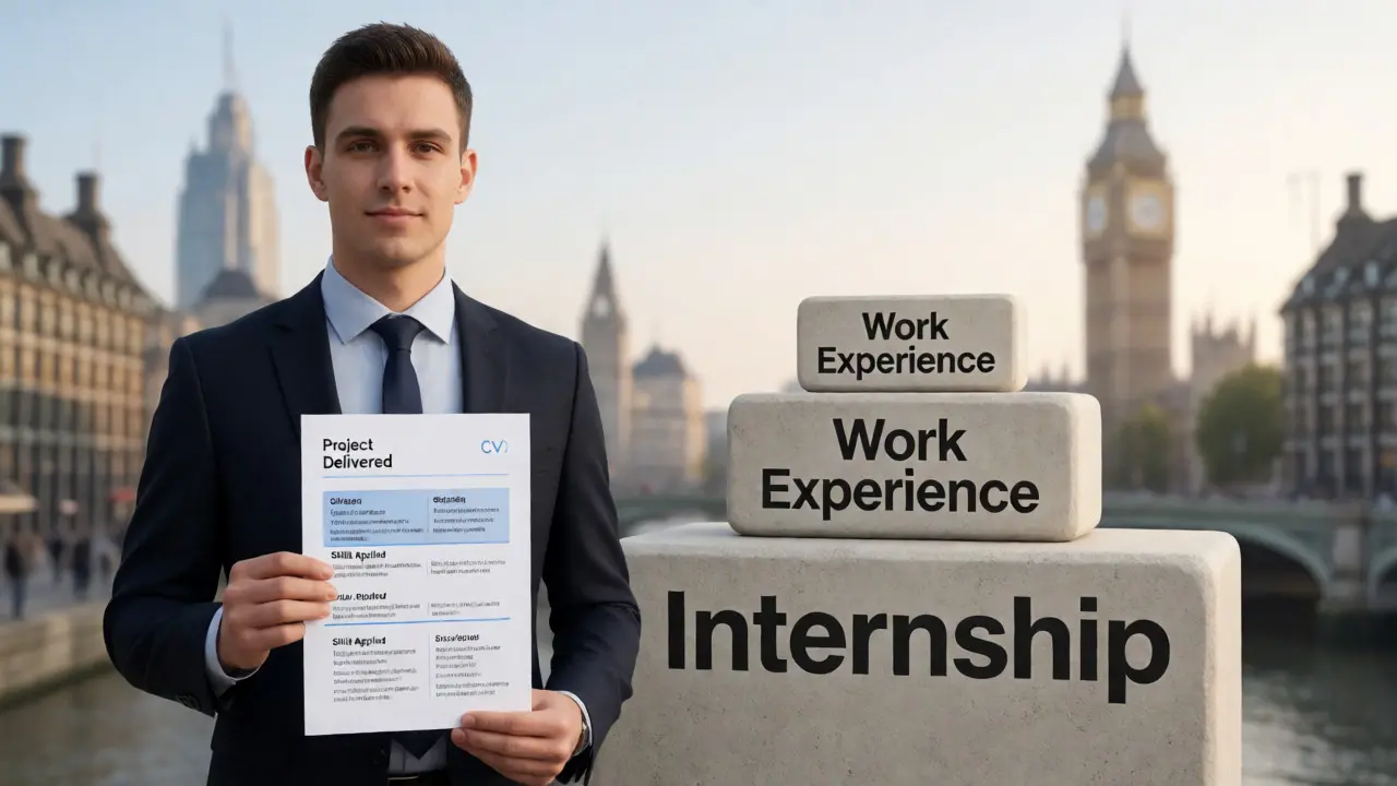 Graduate standing on internship platform with work experience as stepping stones.