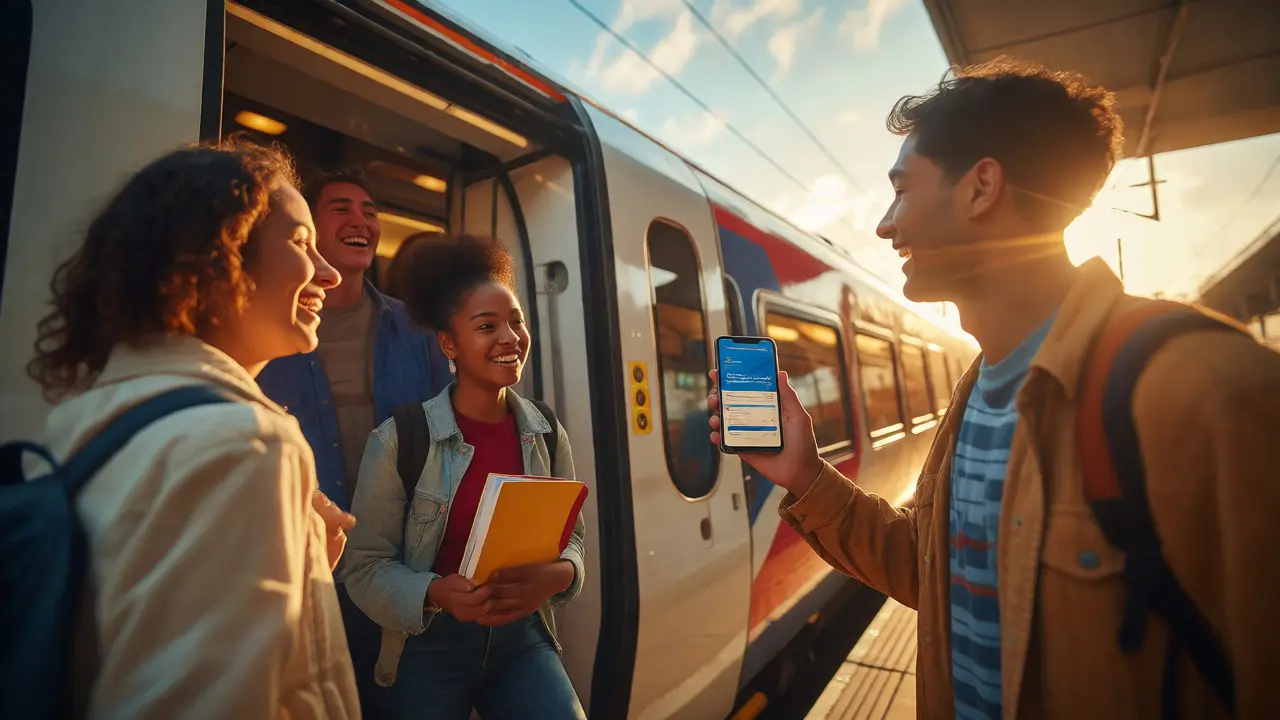Group of students boarding a train with happy expressions