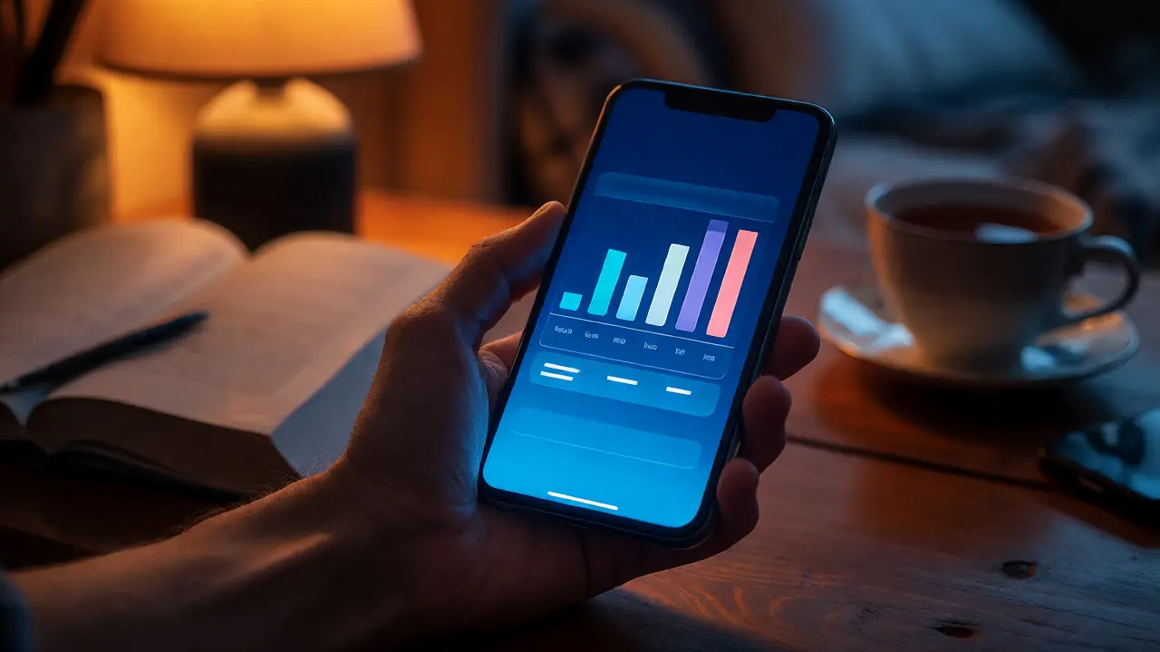 Hand holding smartphone showing financial app in a dimly lit dorm room
