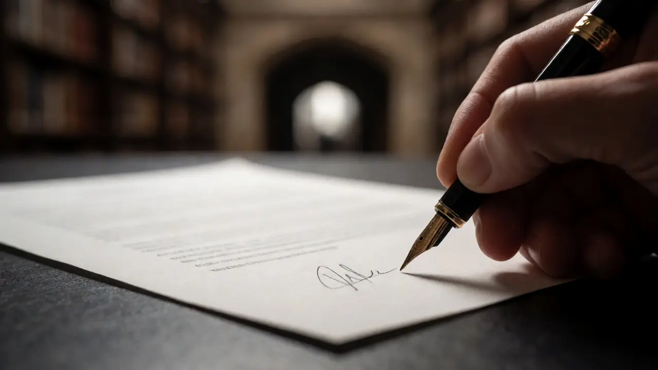 Hand signing a scholarship award letter in an academic setting