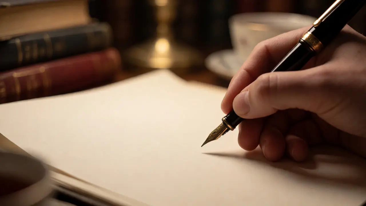 Hand writing with a fountain pen in a library