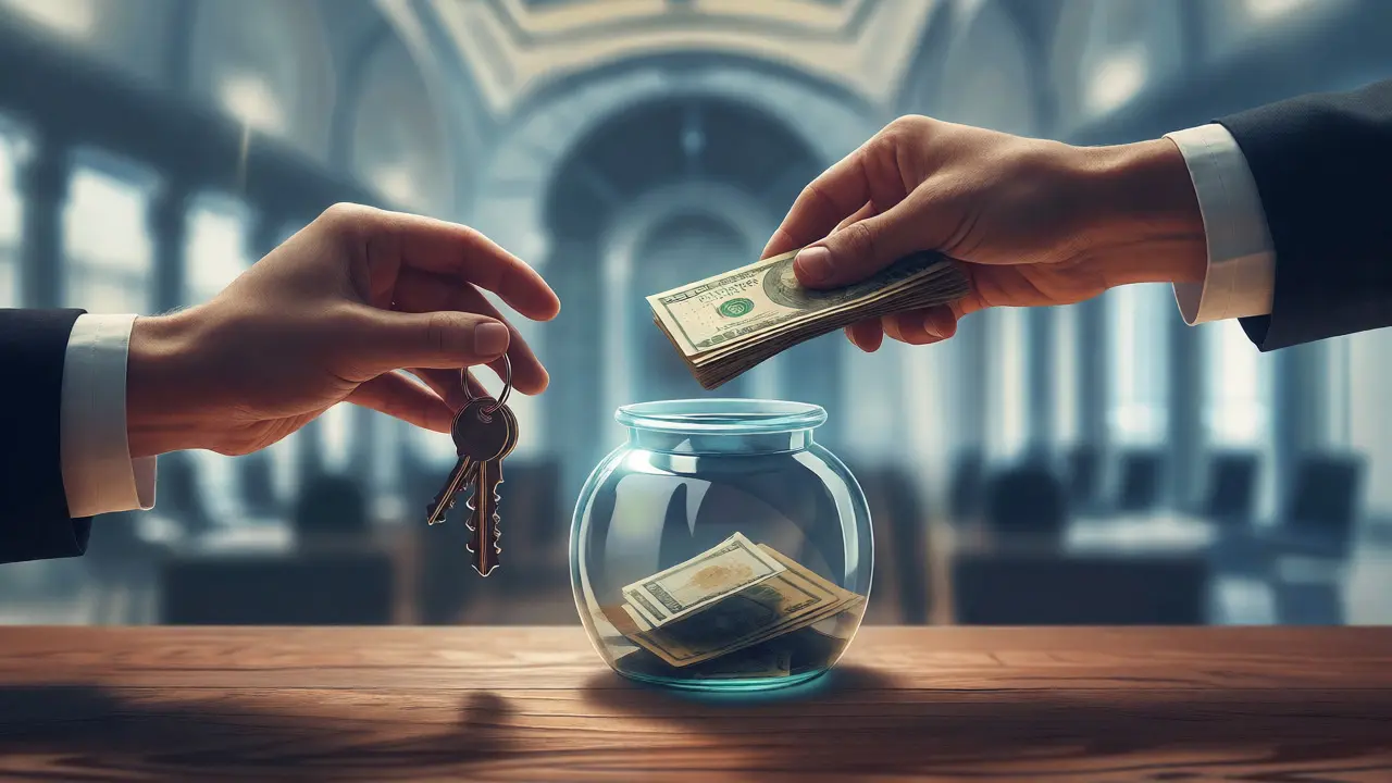 Hands exchanging keys and cash over a secure deposit jar