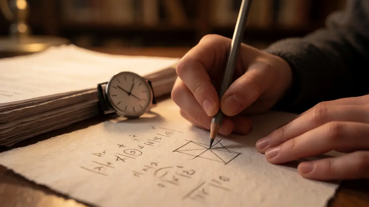 Hands solving math problems on paper with a watch