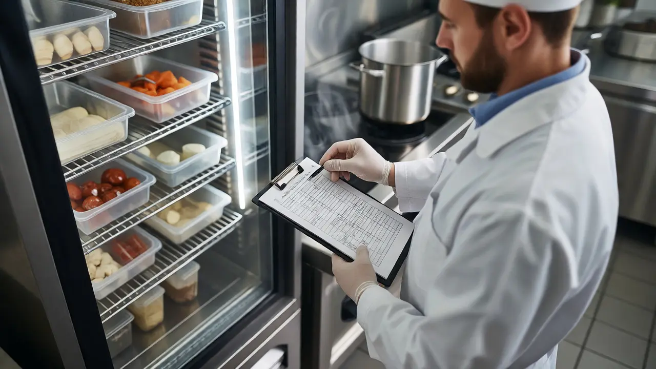 Hygiene inspector auditing clean restaurant kitchen