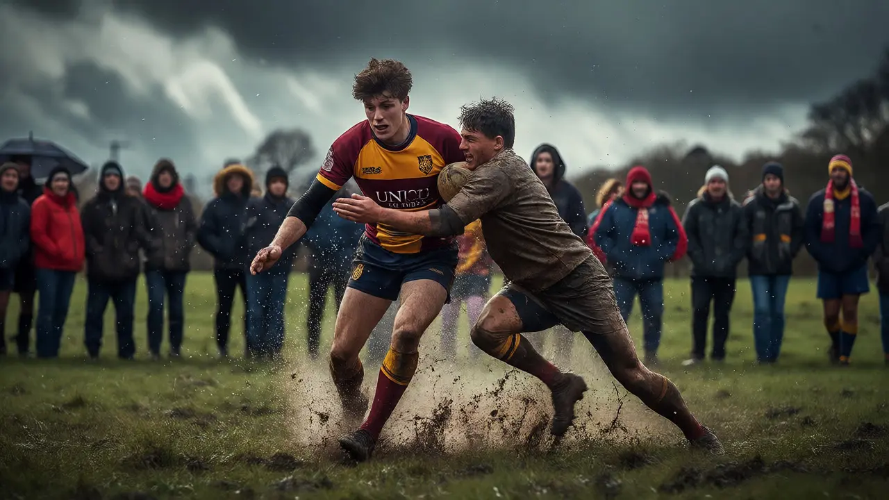 Intense rugby tackle during a competitive university team match on a muddy field.