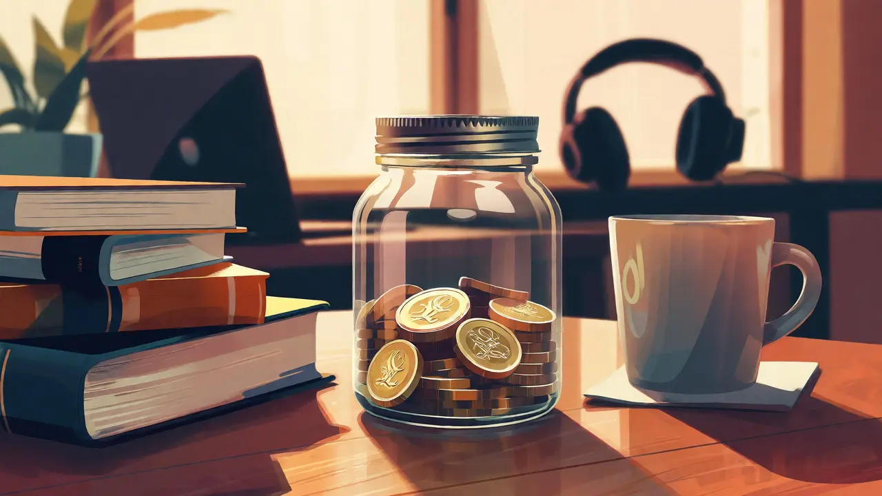 Jar of coins next to textbooks symbolizing student earnings and expenses