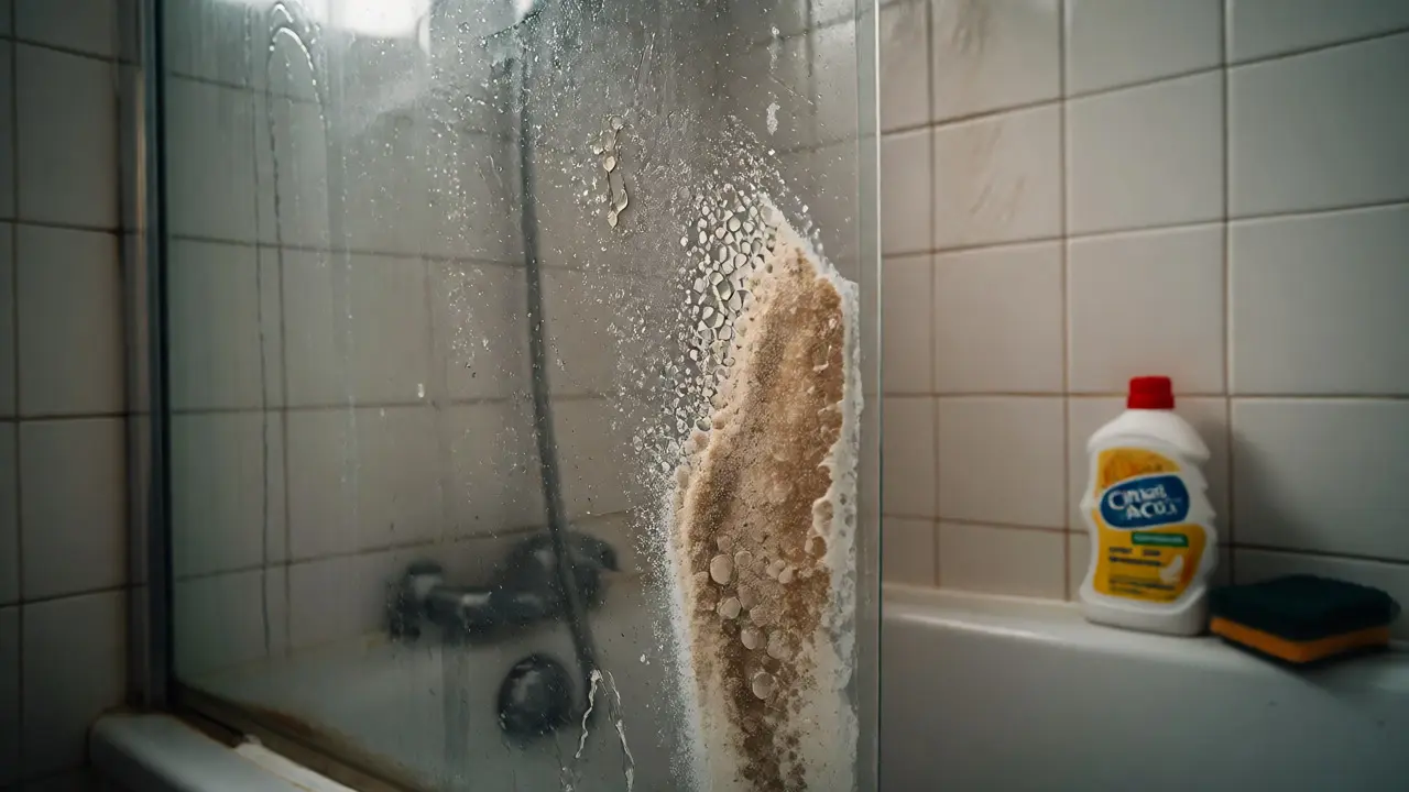 Limescale buildup on shower glass in student bathroom awaiting descaling