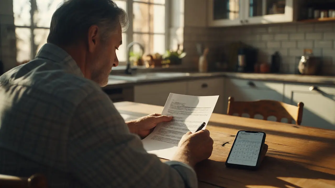 Middle-aged man reviewing application documents in a sunlit kitchen