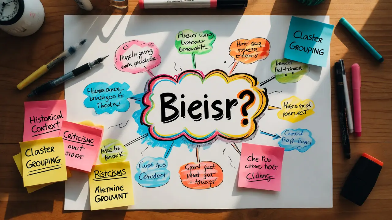 Mind map and grouped sticky notes on a desk during brainstorming