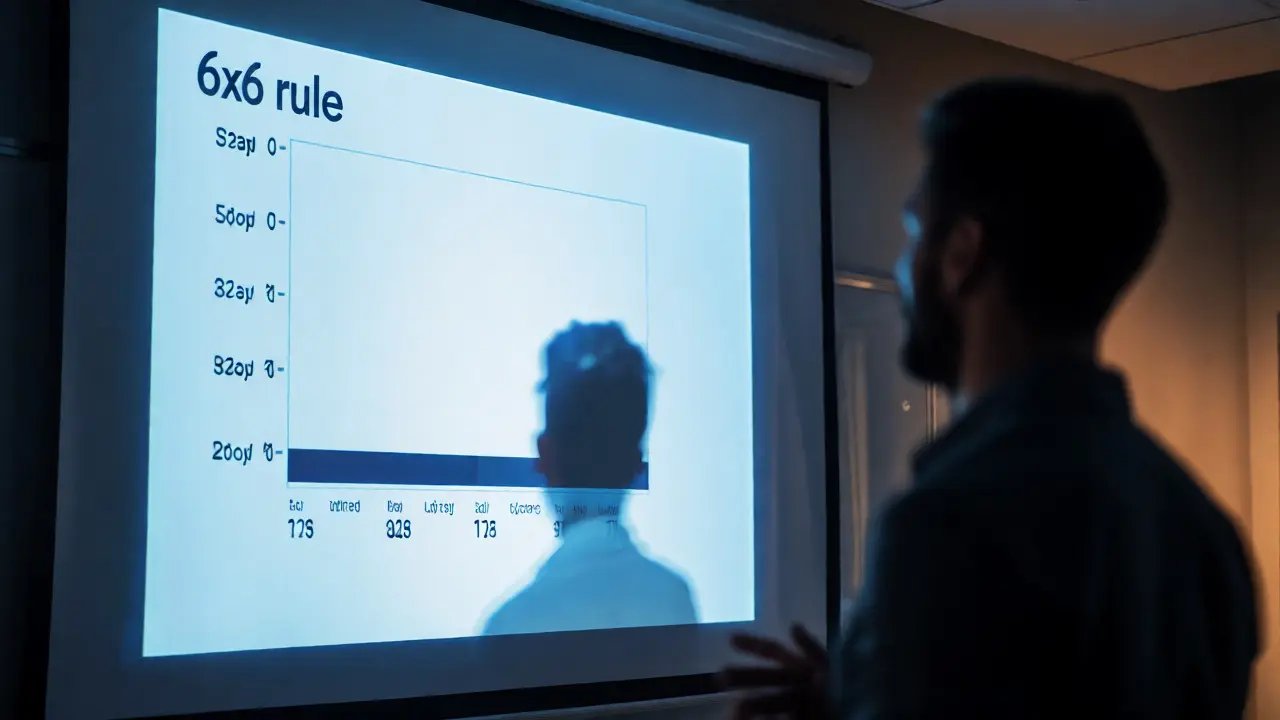 Minimalist presentation slide with clear visuals projected in a dimly lit academic room.